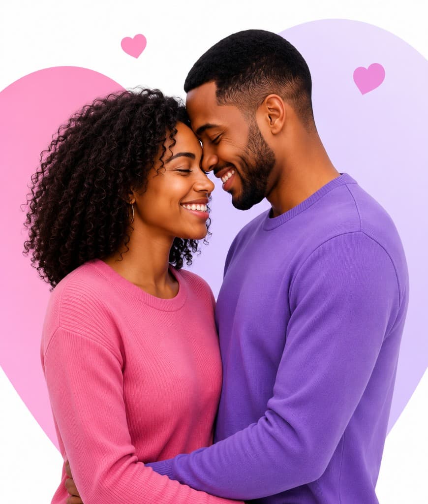 Couple souriant devant un cœur rose et violet